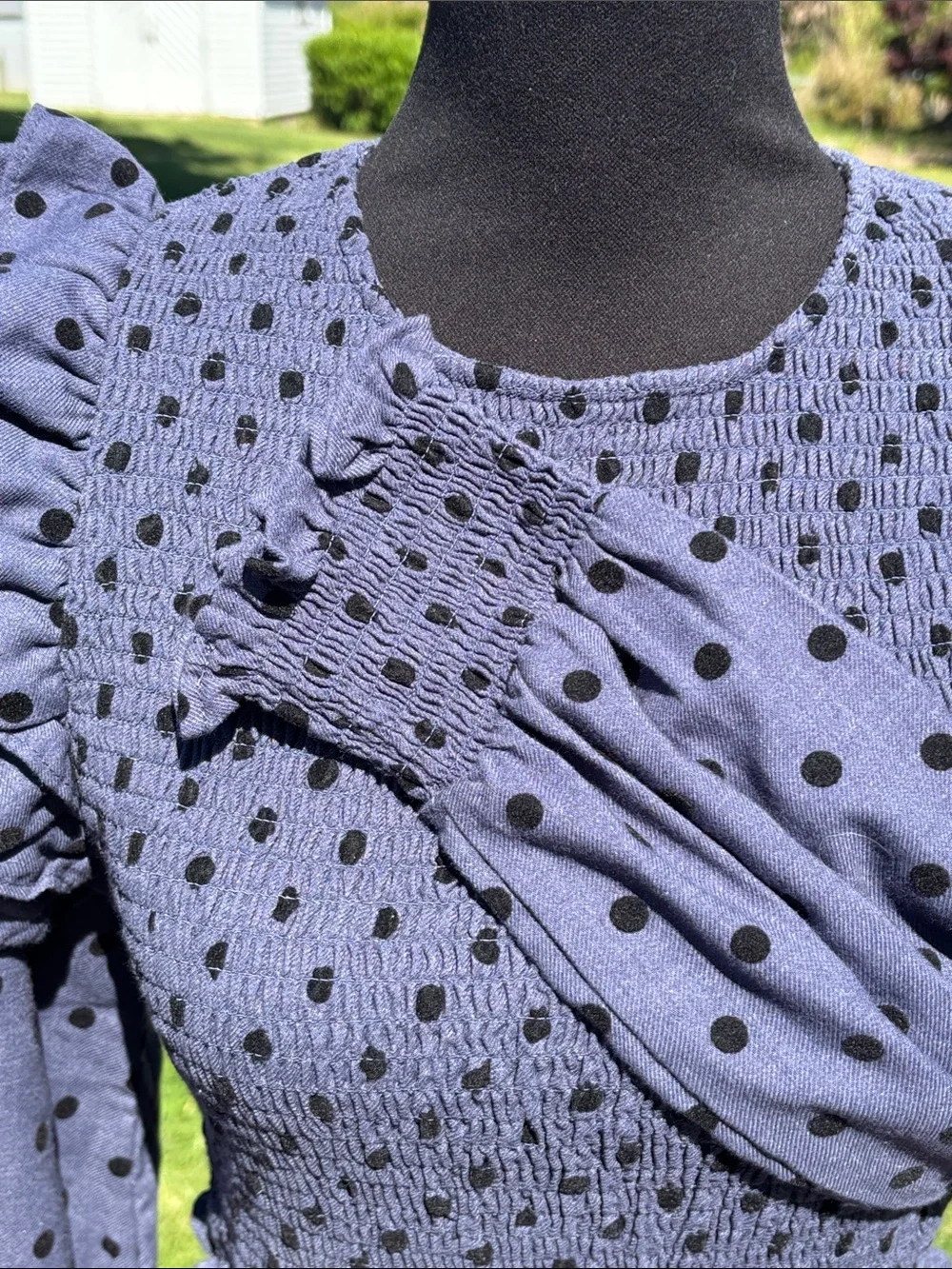 Zara Smocked Periwinkle Blue/Black Polka Dot Ruffle Sleeve Crop Top Small